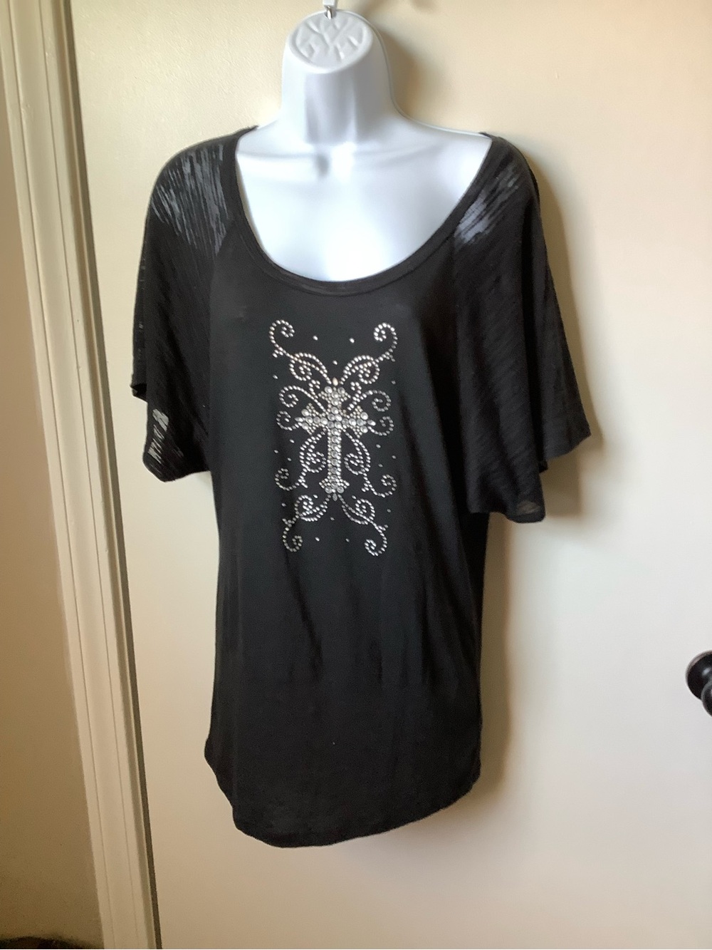 Women's Black Short Sleeve Rhinestone Embellished Top Sz.L